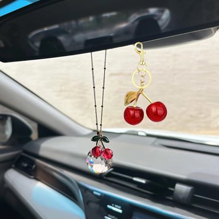 2 stk. Kirsebær Bil Spejl Charmsæt, Hippie Hængepynt til Kvinder, Bakspejl Tilbehør Søde Dekorationsgaver