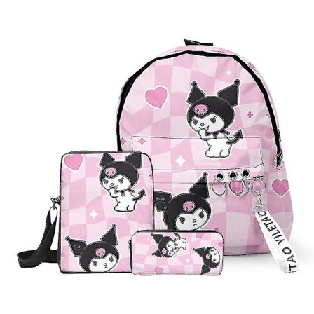Suurikapasiteettinen reppu, koululaukku, olkalaukku, penaali, kolmiosainen setti, Cartoon Kuromi -reppu, koululaukku teini-ikäisille, ala- ja 