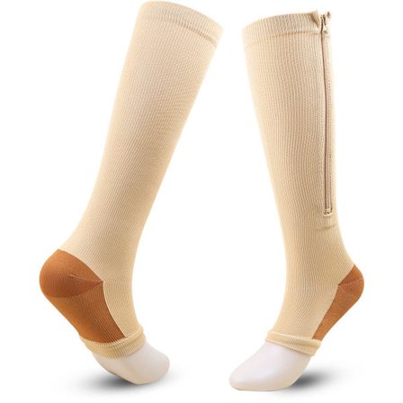 ING Kompressionsstrømper med lynlås - Størrelser S/M, Beige + Khaki - Støttestrømper med lynlås - 15-20 mmHg kompression - Unisex