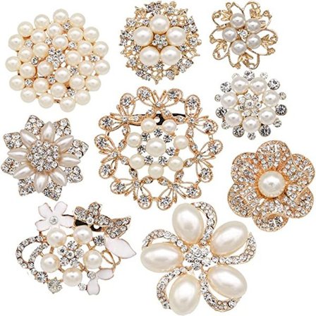 9 st Rose Gold-Tone Rhinestone broscher, Stor pärla kristall bröllopsbukett kit