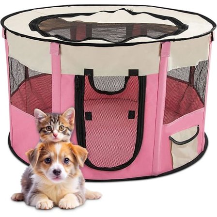 Sammenleggbar Hunde Lekegrind, Bærbar Valp Katt Kanin Innhegning, Pustende Innendørs/Utendørs Telt med Bæreveske, Ideell for Reise og Camping (Rosa, M