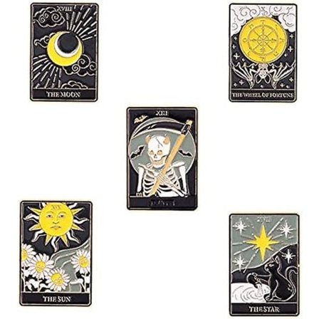 Tarot-korttien emalinen rintaneulasetti Auringossa/ Kuussa/ Tähdessä/ Onnenpyörässä/ Kuolemassa - ennustavat rintaneulat tarvikkeena reppuihin, 