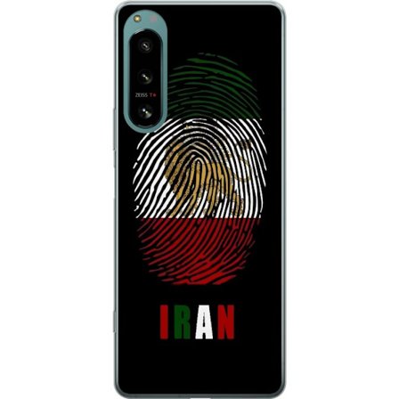 Kompatibelt Mobildeksel til Sony Xperia 5 IV Fingeravtrykkformat som Irans flagg med løvemotiv på svart dramatisk bakgrunn