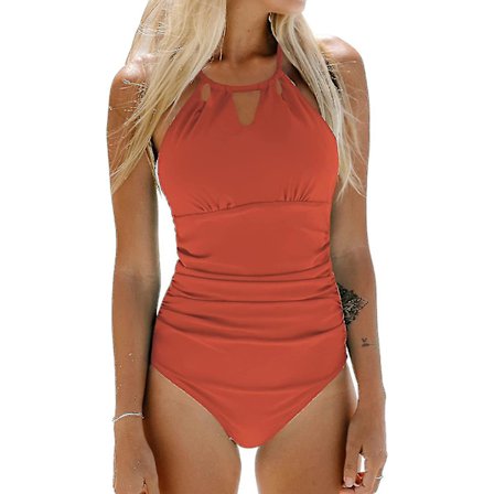 Kvindebadedragt i ét stykke med høj hals, strandbadetøj med rynket mavekontrol, badedragt