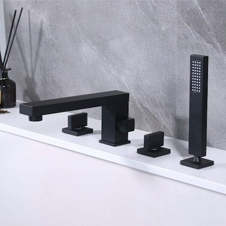 Matt sort badekar kran, hånddusj for 4 hulls baderomskran, messing badekar kran