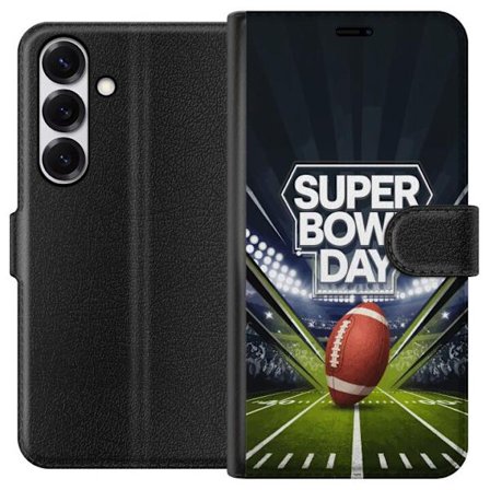 Yhteensopiva Lompakkokotelo Samsung Galaxy S25 Super Bowl Day juliste, jossa amerikkalainen jalkapallo valaistuksella varustetulla areenalla dramaatti