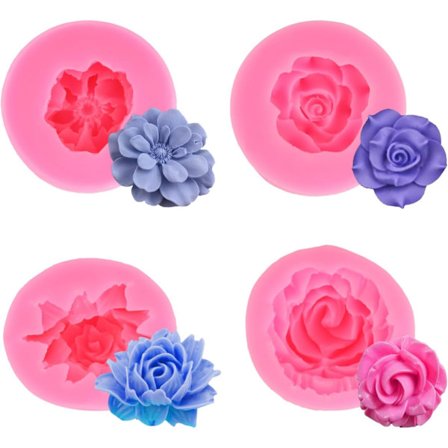 Silikoneform blomst, 4 stykker 3D silikoneforme, rose, blomster, lys, forme, silikone til chokolade, slik, kagedekoration, fremstilling af polymer ler