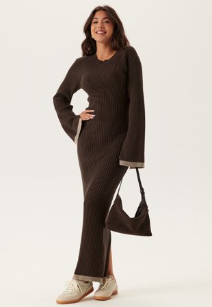Bubbleroom - Round Neck Rib Knitted Maxi Dress - Brown - Kläder