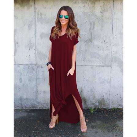 Pitkä mekko, suora hame, V-kaula-aukkoinen taskumekko Wine Red 4XL