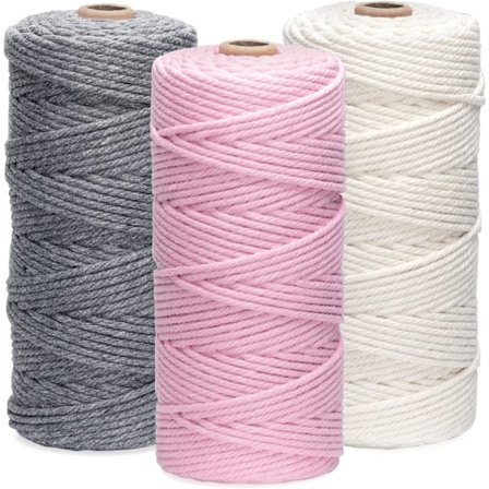 3 Ruller Makrame-Snøre 3mmx100m, DIY Håndverkssnor Bomulls Tau for Veggdekor, Plantehengere, Håndverk, Strikking, Dekorative Prosjekter