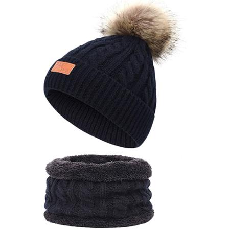 Baby Warm Hat Scarf Set Med Fur Pom Pom Black