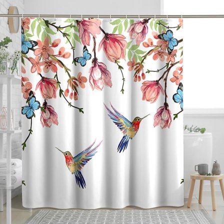 Kukkiva lintu suihkuverho, akvarelli kukkakuvio pastellivärimaalauksessa vedenpitävä polyesterikangas kylpyhuoneeseen 12 koukulla