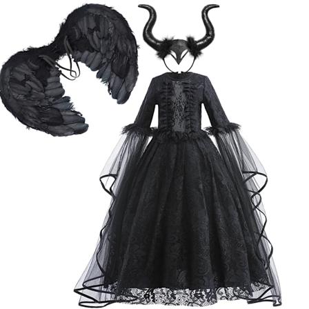 Maleficent Klänning För Flickor Lyx Spets Svart Häxa Frocks Barn Halloween Karneval Cosplay Kostym Mörkt Tema Rollspel Outfit Dress Sets 01 9-10Y Tag-