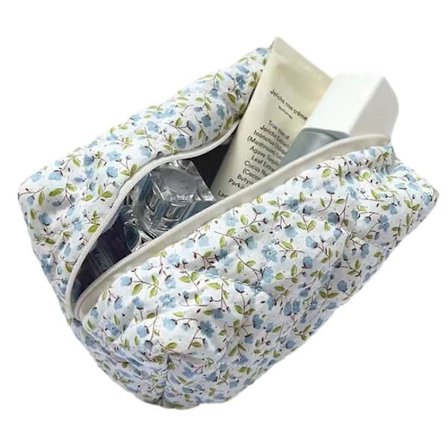 Makeup Taske Blomsterprintet Kosmetiktaske Rejse Toilet Taske Organizer Stor Kapacitet Til Kvinder Og Piger Blå (FMY)