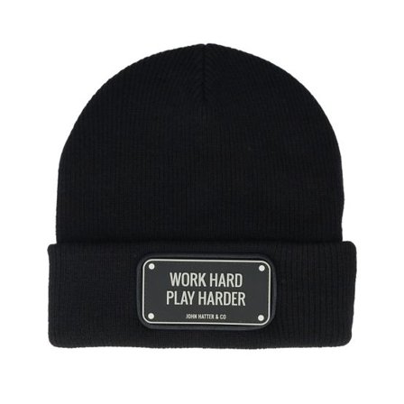 John Hatter & Co - Svart cuff Beanie - Rubber Beanie Work Hard Black Cuff @ Hatstore