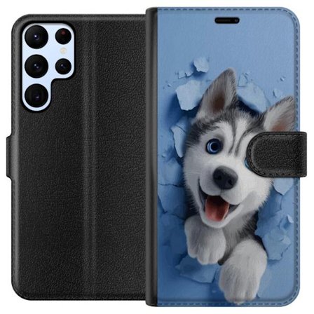 Samsung Galaxy S24 Ultra Tegnebogsetui Sød og realistisk hvalpehusky der bryder igennem væggen i et charmerende dyremotiv, perfekt til børn og hund