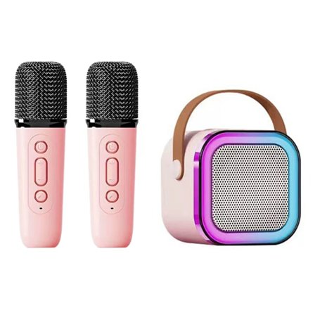Mini Karaoke-maskine Karaoke-højttaler med trådløs mikrofon Lyseffekter Bærbart karaoke-system med batteri til hjemmefest Pink med 2 mikrofoner