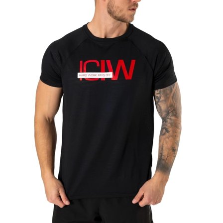 ICANIWILL Men's Mesh Training T-shirt Men Short sleeved fitness sweater Black S