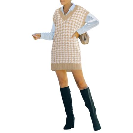Kvinnor V-ringad Tröja Väst Ärmlös Houndstooth Print Knit Tan