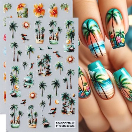 2 stk. Palmetræ Flamingo Blomster Sommer Negle Design Klistermærker Manicure Tilbehør Tropisk Stil Negle Dekaler til Akryl Neglekunst Dekorationer 