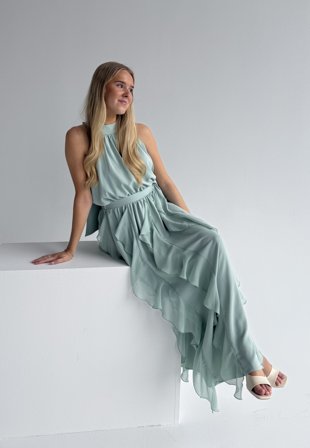 Bubbleroom Occasion - Frill Halterneck Ankle Dress - Aqua