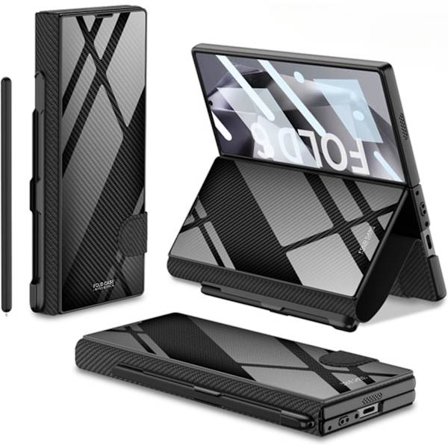 Fodral för Samsung Galaxy Z Fold 6 med pennfack, Z Fold 6 fodral pläterat glas hybridläder All-Inclusive fodral med skärmskydd