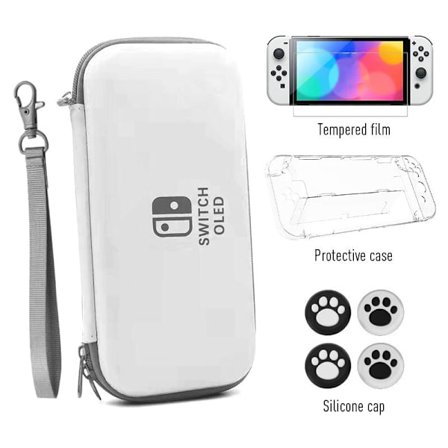 Nintendo Switch OLED -kotelo lisävarusteilla, pelikonsolin säilytyskassi/suojapussi/karkaistu kalvo/kristallikuori/silikonikahvat