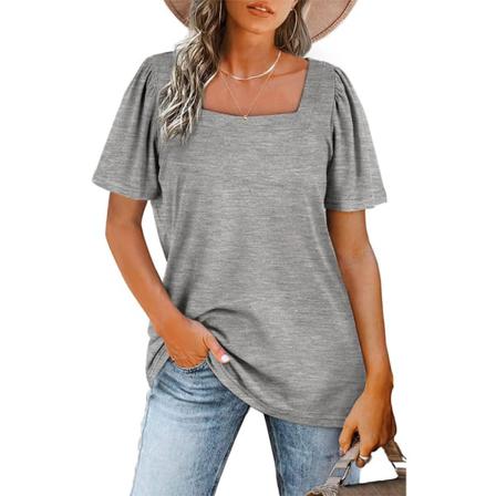 Dam Bomull T-shirt Fyrkantig Hals Plisserad Topp Dam Vandring