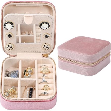 Fløjl Rejsesmykkeskrin, Mini Rejsesmykkeskrin til Øreringe Armbånd Ringe Halskæde (Pink)