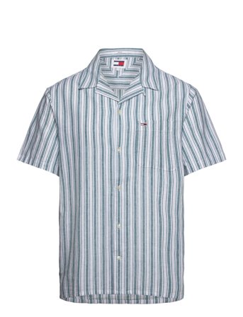 Tjm Stripe Linen Ss Shirt Ext Green Tommy Jeans