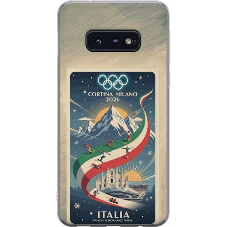 Yhteensopiva Puhelinkuori Samsung Galaxy S10e Mäkihyppykuvitus, jossa hiihtäjä tähtää kiväärillä lumisella radalla, teksti Milano Cortina 2026 ja olym