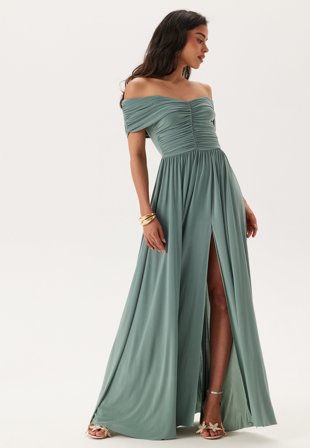 Goddiva-Bardot Rouched Maxi Split Dress-XXS (UK6)