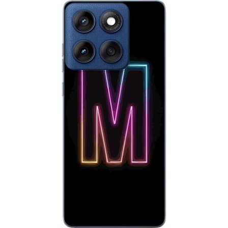 Yhteensopiva Puhelinkuori Motorola Motorola Edge 60 Neonkirjain M värinvaihtuva valotehoste mustaa taustaa vasten, moderni minimalistinen typografia