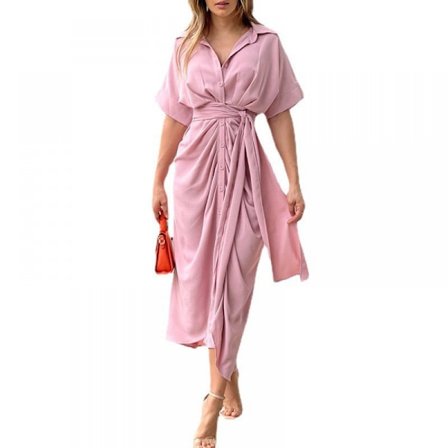 Ditsy Tie Front Button Up Boho Midi Tshirt Dresses (Rosa L)