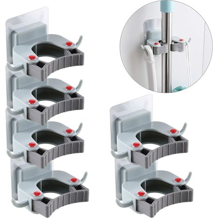 Selvklebende kostholder, veggmontert moppkrok og holder for kosteskaft, hageredskaper, garasjeoppbevaring, 6 stk.