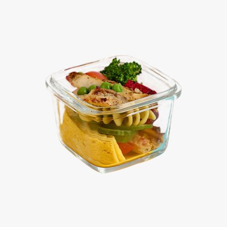 Glassbeholder, firkantet 150 ml, transparent, med blått lokk, 2-delt