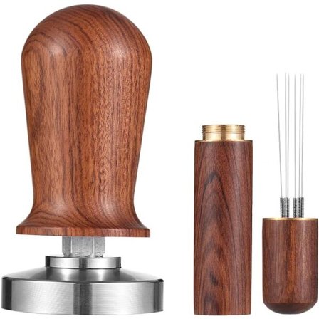 Espressostämpel och Kaffefördelare - Trähandtag, rostfri bas - Lämplig för espresso - Barista set - 51 mm