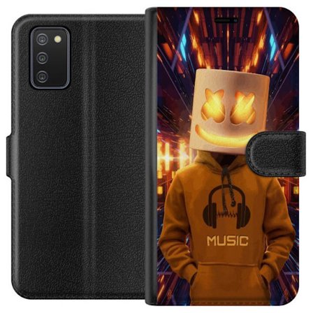 Kompatibelt Lommeboketui til Samsung Samsung Galaxy A02s DJ-figur med lysende hjelm og hette i futuristisk musikkmiljø med neonlys.