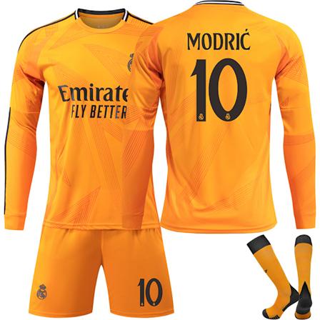 24-25 Real Madrid Borte Fotballdrakt Lang Erme Fotballsett for Barn No.10 Modric L