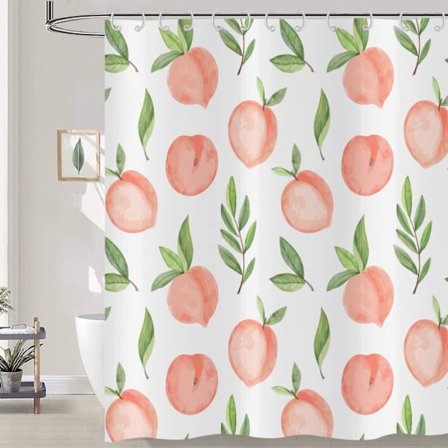 Peach Pink Bruseforhæng 180x180, Frugter Grønt Blad Sød Lys Farverig Bruseforhæng Vandafvisende Polyesterstof Vaskbart Badeforhæng med Kroge