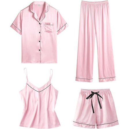 Dam Silke Satin Pyjamasset 4 Delar, Sexiga Nattkläder Loungewear Rosa Storlek M