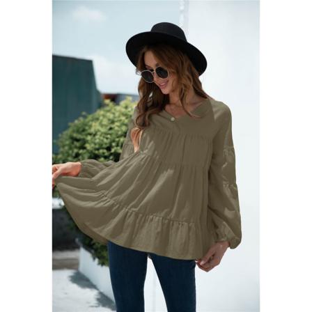 Dam Lantern Långärmad Lösa T-shirts Höst Casual Solid V-