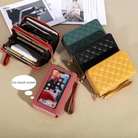 New Wallet Women's European and American Touchscreen Card Bag Double Layer Zipper Handle Bag Plaid Embroidered Mobile Phone Bag