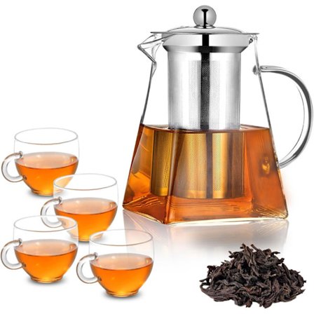 950ML Kvadratisk Glas Tekanna 4 Koppar Set, Klar Borosilikatglas Tekanna med Infuser, Lösbladsfilter Tekanna för 4, Stor Kapacitet för Hemmet