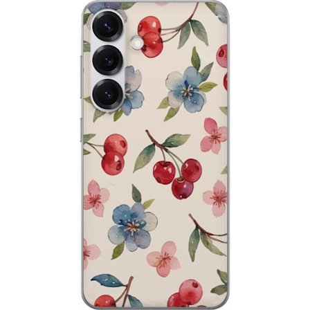 Kompatibelt Mobildeksel til Samsung Samsung Galaxy S25 Bær & Blomster - mønster med blå blomster og skogsbær