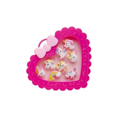 8 st Barnringar Barn Ringar i Cerise Hjärtformad Ask - Enhörning / Unicorn