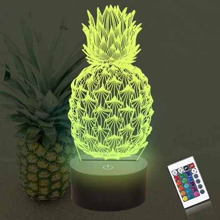 Ananas 3D natlampe, frugthologram illusion bordlampe med fjernbetjening 16 farver skiftende