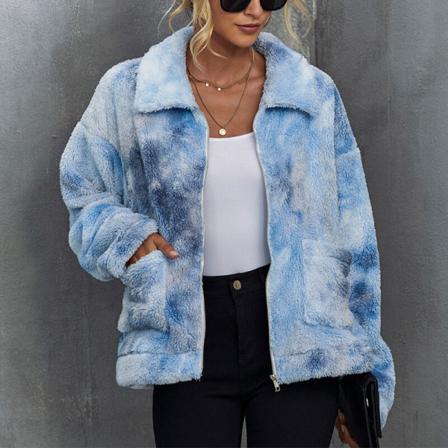 Kvinnor Tie-dyed Fleece Ytterkläder Långärmad Full Zip Pocket Jacka