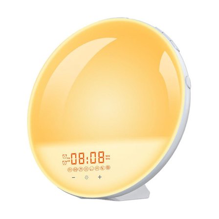 Vækkeur med lys, radiovækkeur solopgang og solnedgang simulator 7 naturlyde snooze-funktion FM-radio gul LED nattelys stemningslys vækkeur