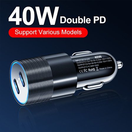 40W USB C Snabb billaddare 2 Ports Adapter Dual Typ C SVART black